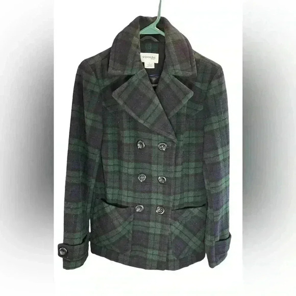 St. John's Bay Wool Tartan Plaid Peacoat in Navy and Green. Size Small. - Picture 3 of 10